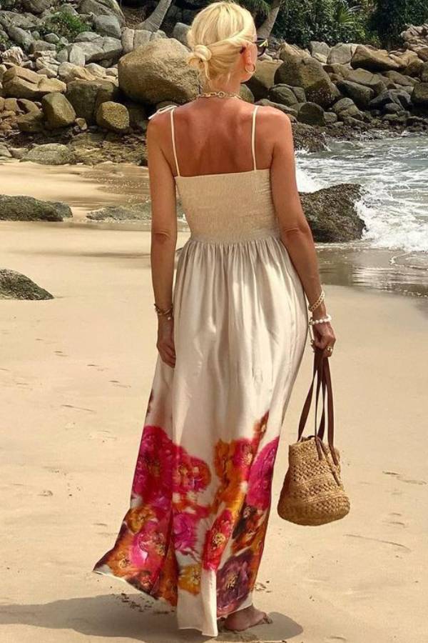 LB | Hidden Garden Satin Floral Print Smocked Off Shoulder Maxi Dress