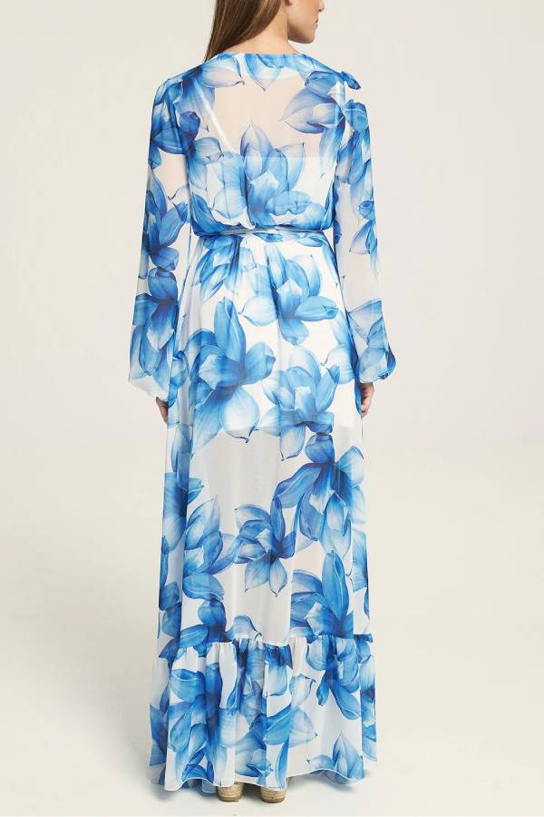 LB | Island Girl Floral Print V-Neck Long Sleeve Tie Slit Holiday Maxi Dress