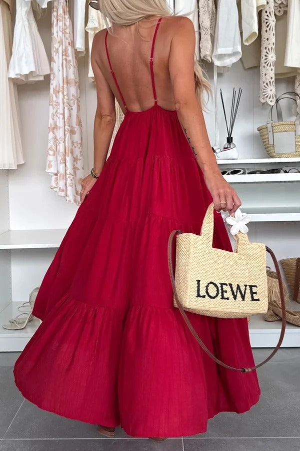 LB | Bohemian Style V-Neck Backless Slip Layered Holiday Maxi Dress