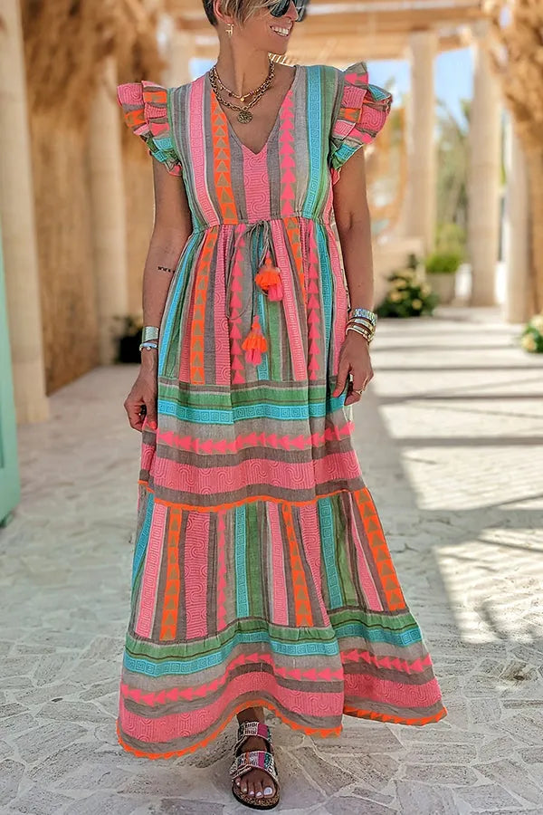 LB | Sunlit Magic Linen Blend Ethnic Print Ruffle Sleeve Tassel Maxi Dress