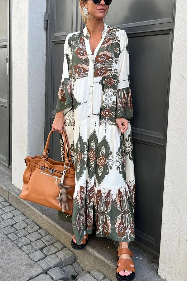 LB | Gracie Paisley Print Button Up Bell Sleeve A-line Maxi Dress
