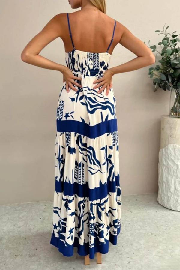LB | Elegancka falbaniasta sukienka maxi z kwiatowym nadrukiem