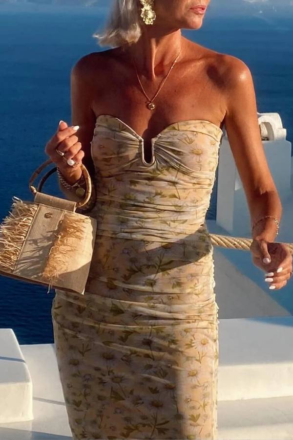 LB | Santorini Sunset Delikatna szyfonowa sukienka maxi bez ramiączek z kwiatowym nadrukiem