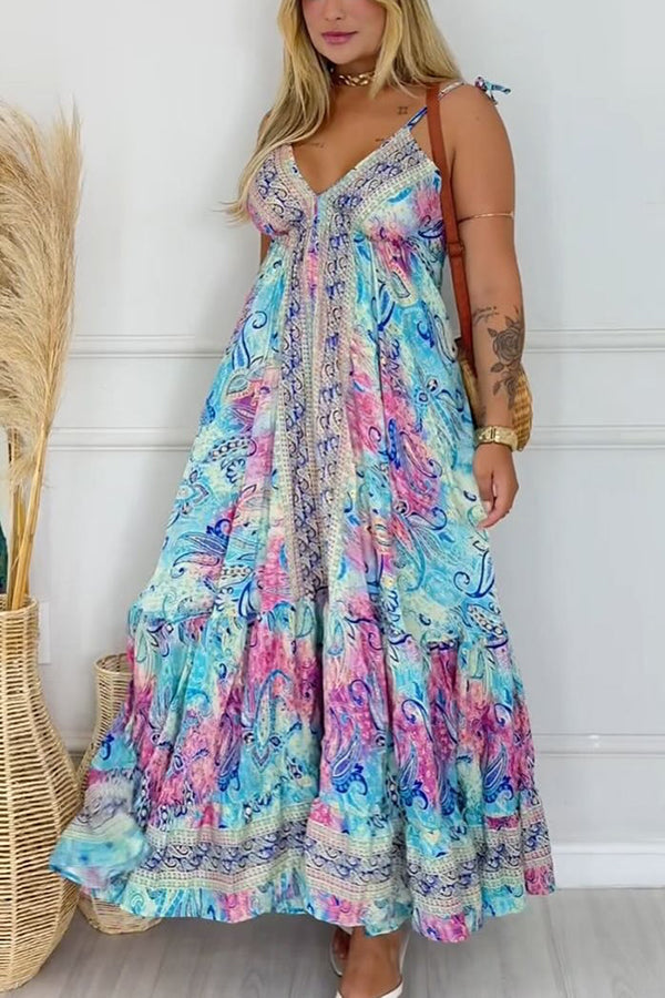LB | Bohemian Style Unique Print V-Neck Suspender Holiday Maxi Dress