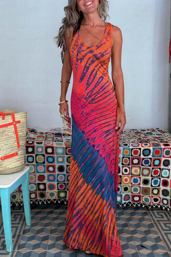 LB | Sukienka maxi z nadrukiem Tie-dye, sznurowana z tyłu, elastyczny dół typu fishtail