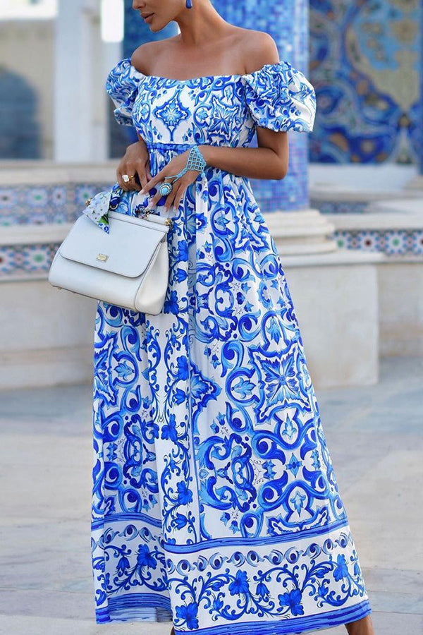 LB | Enjoy The Adventure Printed off-the-shoulder maxi dress z bufiastymi rękawami