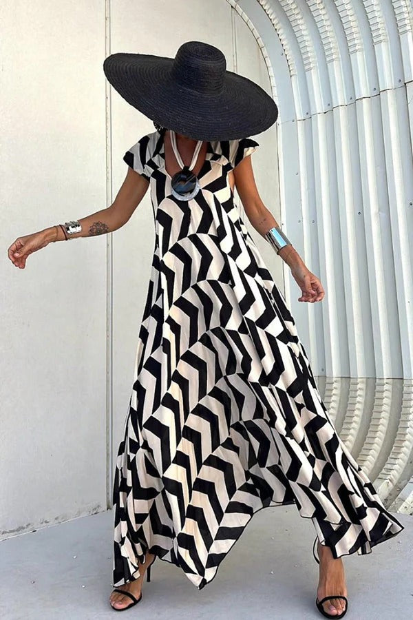 LB | Fresh Breeze Ethnic Unique Print Ruffle Sleeve A-Line Maxi Dress