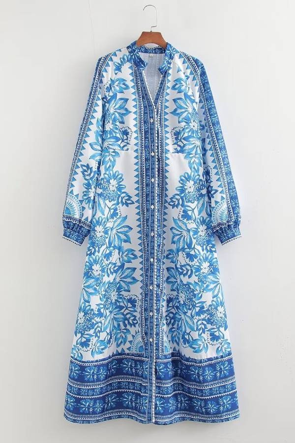 LB | Unique Print Button Down Long Sleeve Shirt Maxi Dress
