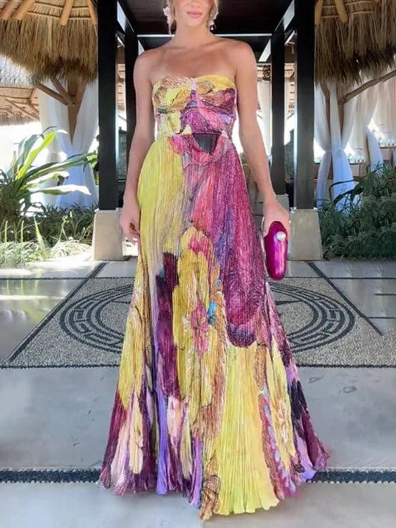 LB | Spaghetti Straps Waisted Floral Print Swing Maxi Dress