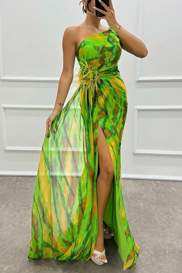 LB | Amazing Views Watercolour Print Feather Rose Detail Off Shoulder Pleated Slit Maxi Dress