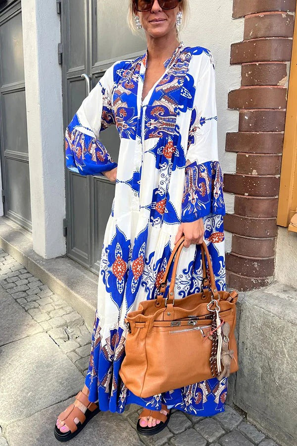 LB | Gracie Paisley Print Button Up Bell Sleeve A-line Maxi Dress