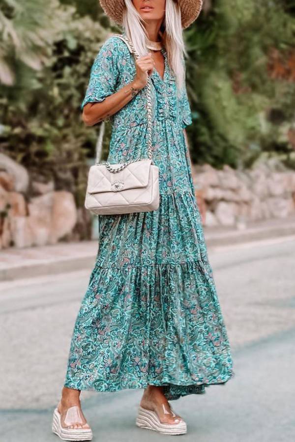 LB | Sky Blue Paisley Print Split V Neck Tiered Boho Maxi Dress