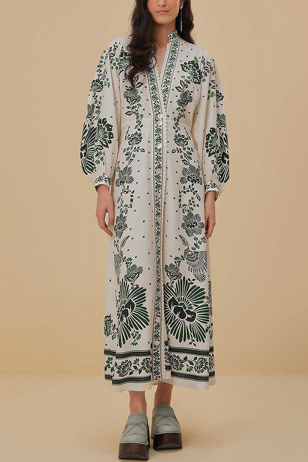 LB | Unique Print Button Down Long Sleeve Shirt Maxi Dress