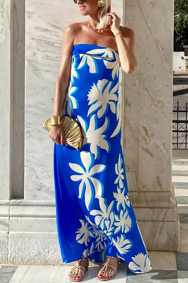 LB | Fashion Holiday Satin Unique Print Off Shoulder Maxi Dress