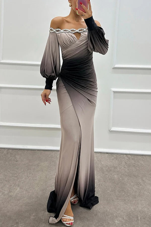 LB | Julieta Gradient Print Boat Neck Off Shoulder Gemstone Detail Slit Dress Maxi Dress