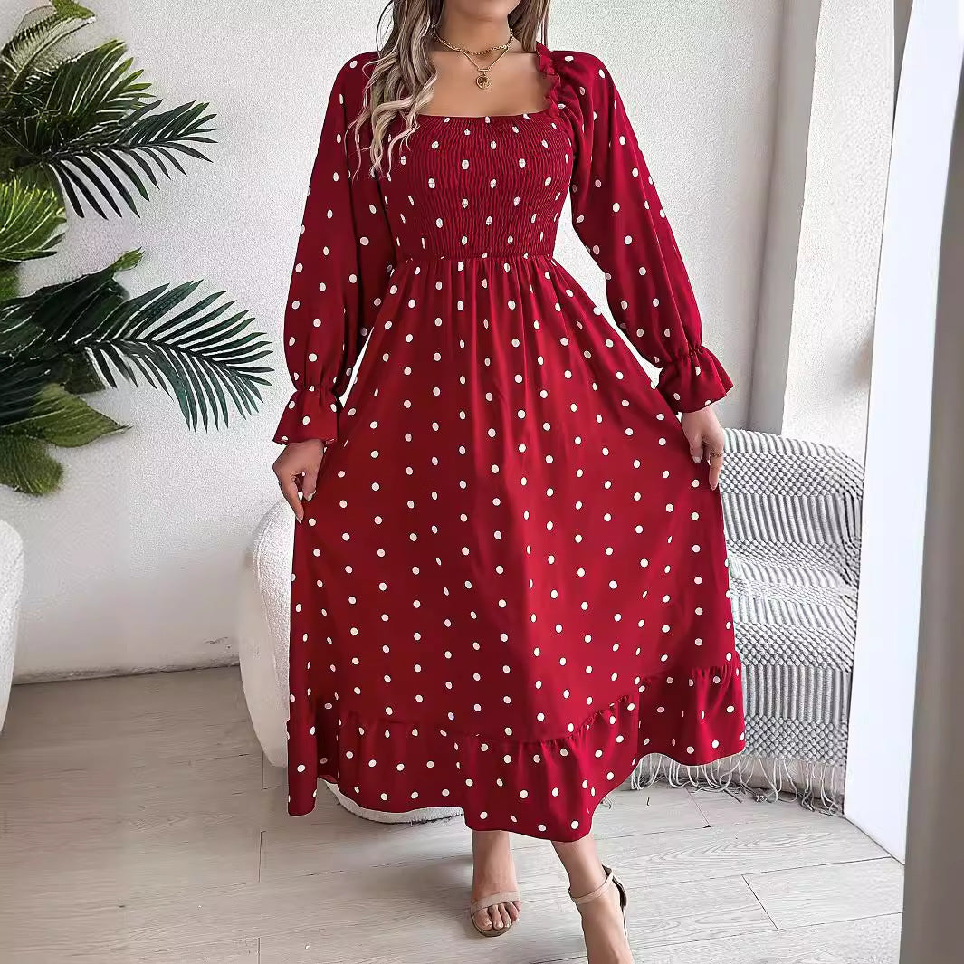 AS | Casual Square Collar Polka Dot Swing Dress s dřevěnýma ušima