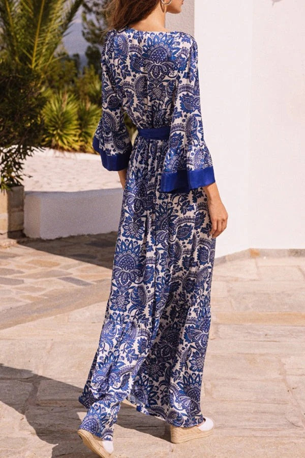 LB | Greek Island Satin Unikalna sukienka maxi z frędzlami w kwiatowy wzór w stylu kopertowym