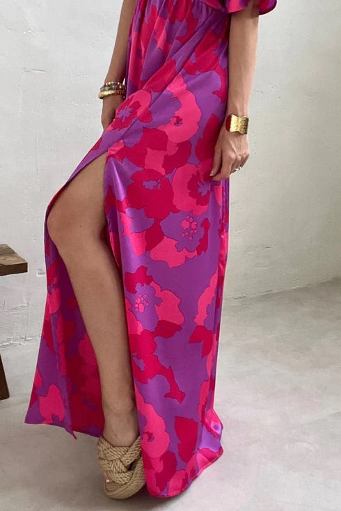 LB | Rose Abstract Floral Print V-Neck Dolman Maxi Dress