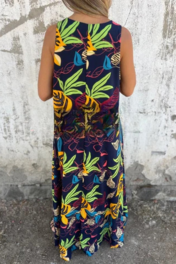 LB | Botaniczny nadruk V-neck torba luźna swobodna sukienka maxi