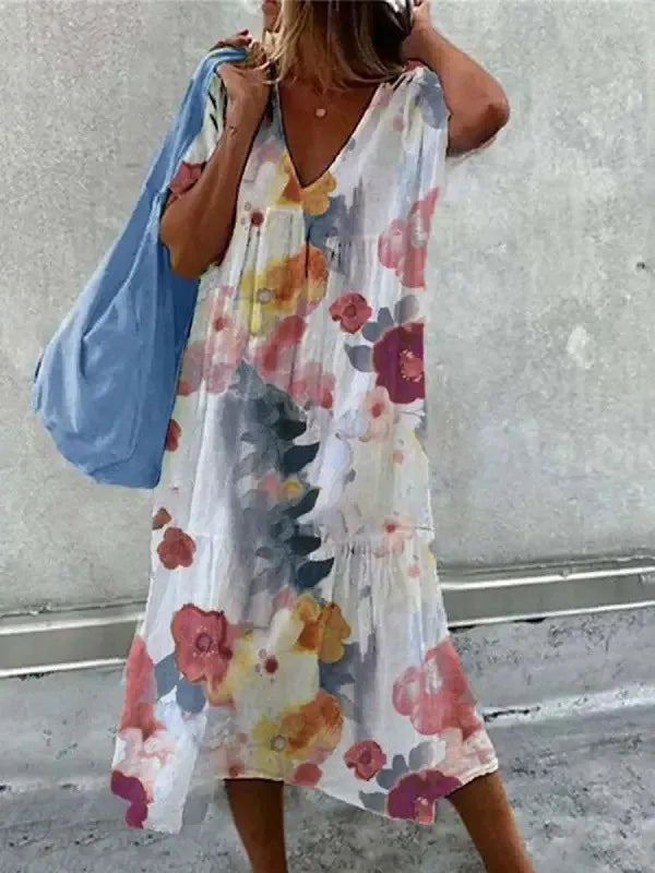 AS | Boho sukienka plażowa dla kobiet Letnia sukienka z dekoltem w szpic i krótkimi rękawami w kwiatowy wzór