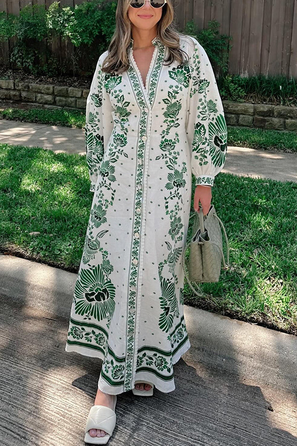 LB | Unique Print Button Down Long Sleeve Shirt Maxi Dress