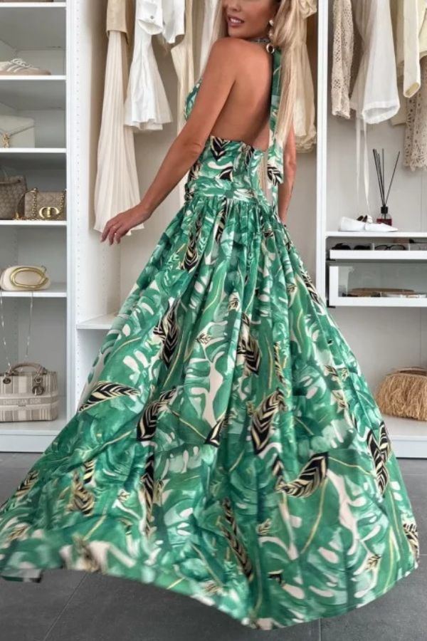 LB | Amazon Scenery Unique Print Tie-up Neckline Waist Ring Halter Slit Maxi Dress