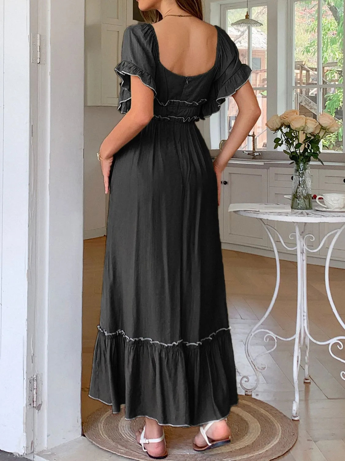 AS | Čtvercový výstřih Puff rukávy Frill trim Maxi šaty