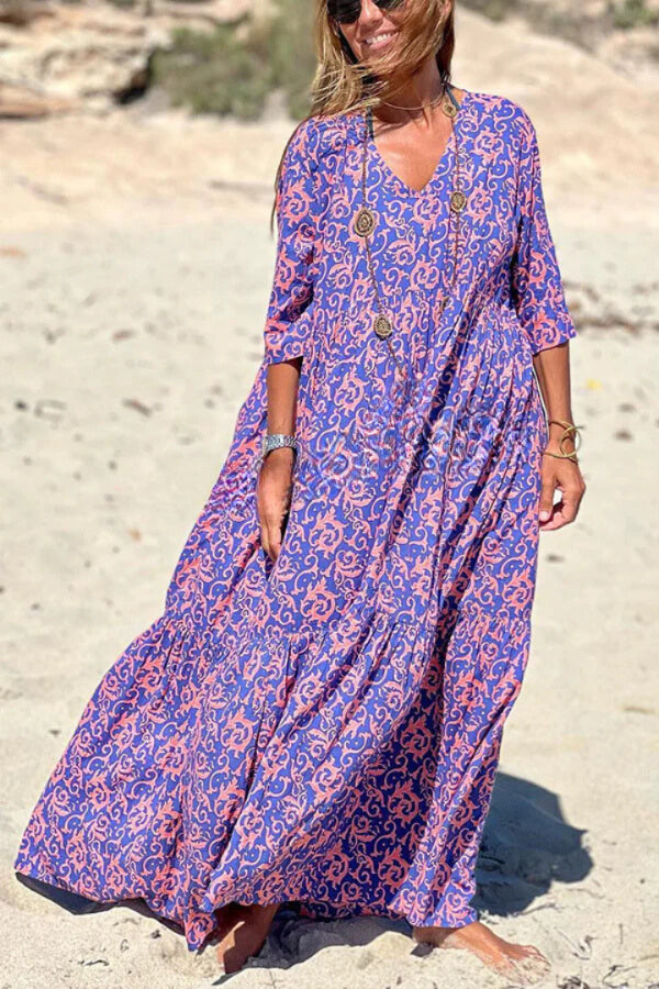 LB | Fashion Pattern Printed Half Sleeve Loose Swing Maxi Dresse