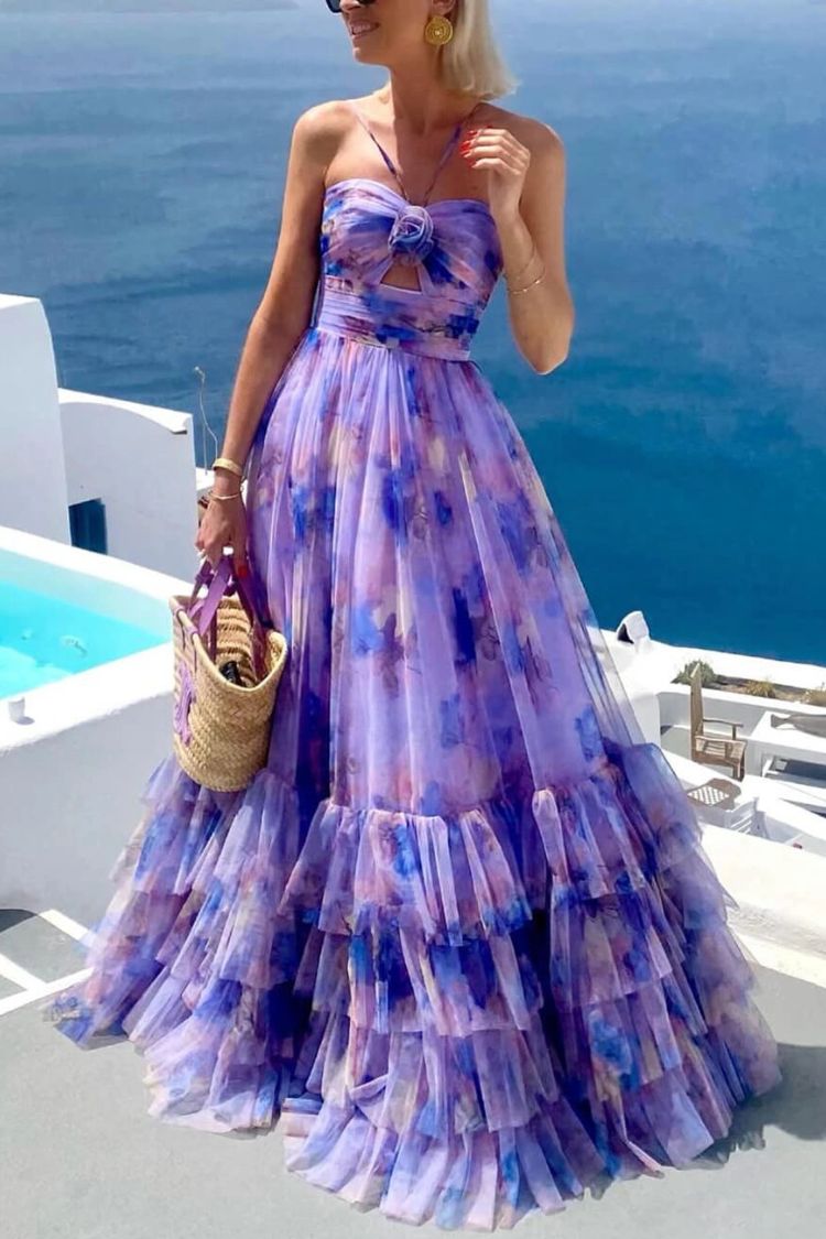 LB | Dreamy Clouds Tulle Printed Rose Detail Neckline Ruffle Striped Halter Maxi Dress