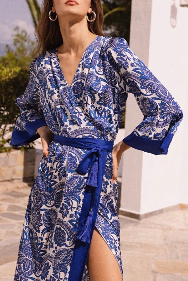 LB | Greek Island Satin Unikalna sukienka maxi z frędzlami w kwiatowy wzór w stylu kopertowym