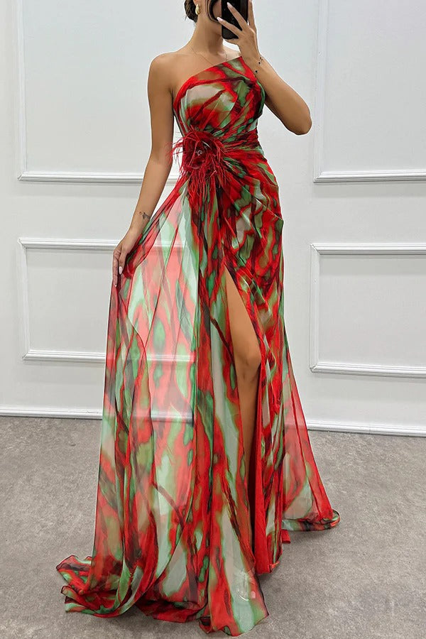 LB | Amazing Views Watercolour Print Feather Rose Detail Off Shoulder Pleated Slit Maxi Dress