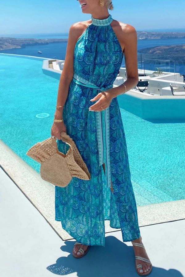 LB | Bohemian Unique Print Rozcięcie w pasie Sukienka Maxi z wysokim kołnierzem