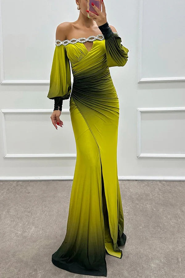 LB | Julieta Gradient Print Boat Neck Off Shoulder Gemstone Detail Slit Dress Maxi Dress