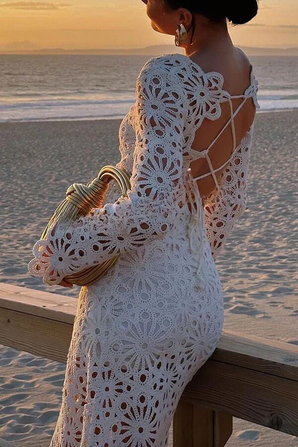 LB | Forever Sunsets Crochet Back Lace-up Coverup Maxi Dress