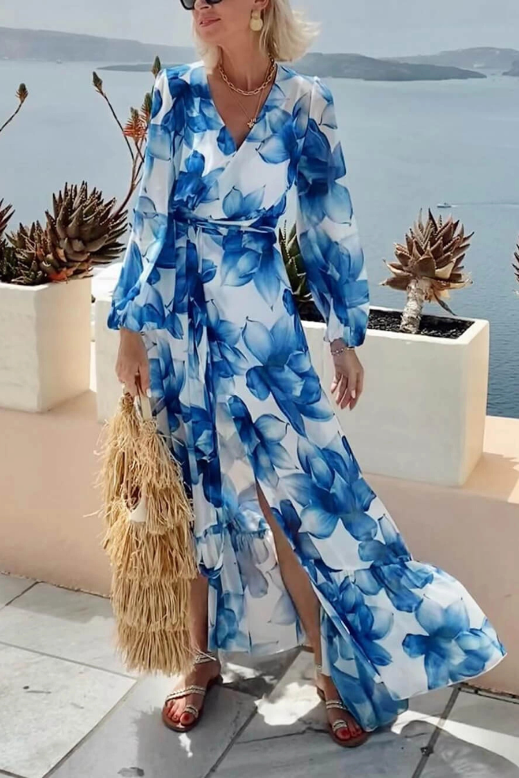 LB | Island Girl Floral Print V-Neck Long Sleeve Tie Slit Holiday Maxi Dress