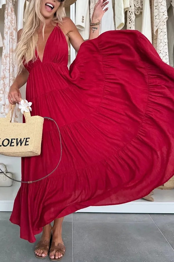 LB | Bohemian Style V-Neck Backless Slip Layered Holiday Maxi Dress
