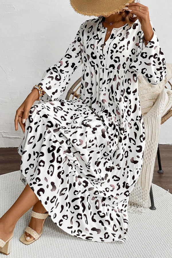 LB | White Leopard Print Notch V Neckline Loose Fit Maxi Dress