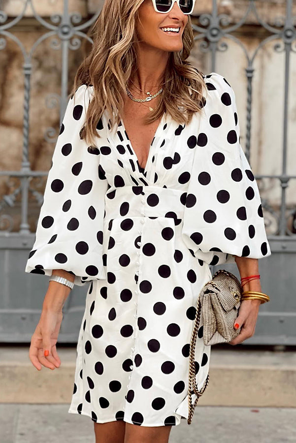 LB | Always The One Polka Dot Button Puff Sleeve Mini Sukienka