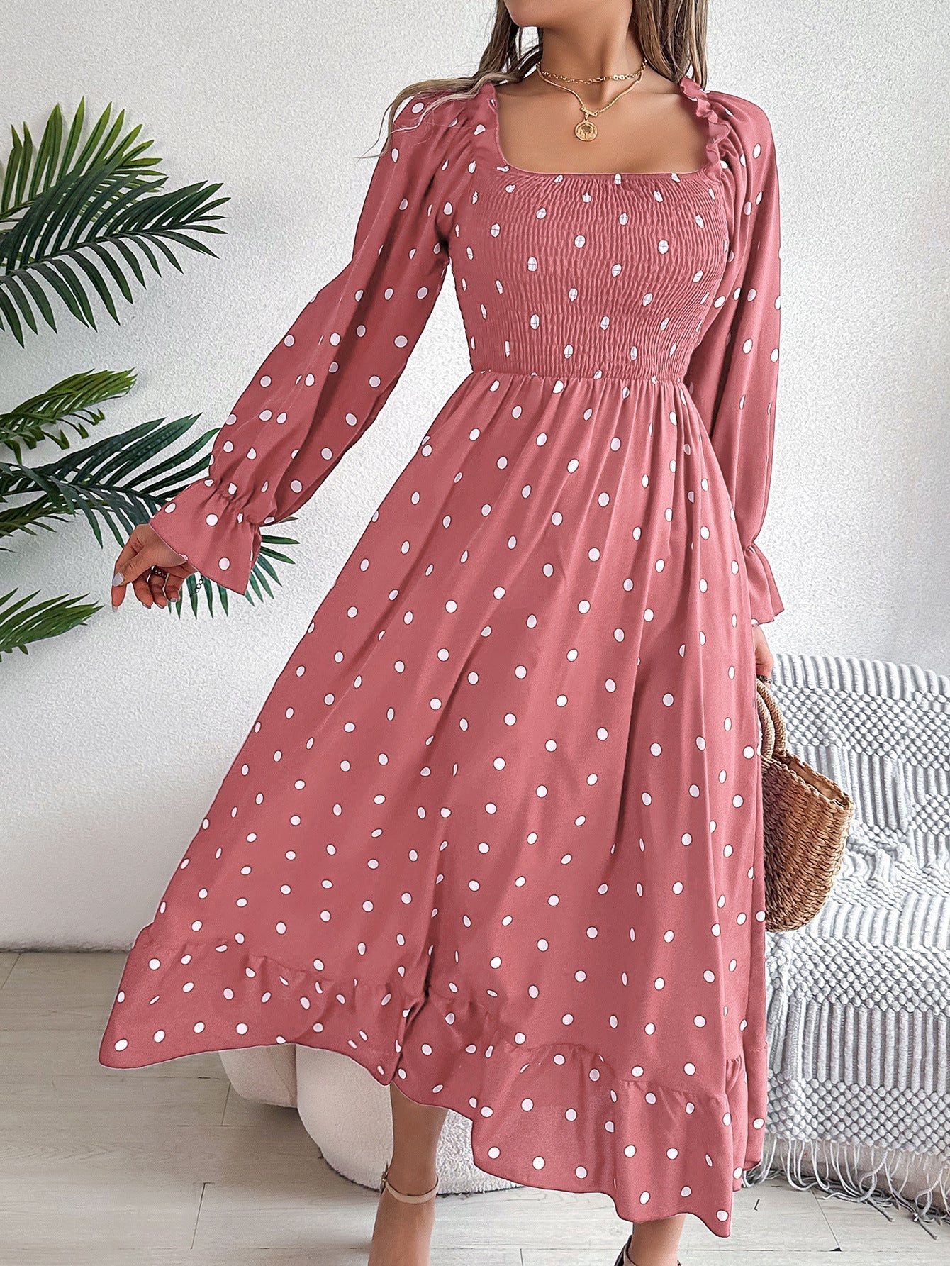 AS | Casual Square Collar Polka Dot Swing Dress s dřevěnýma ušima