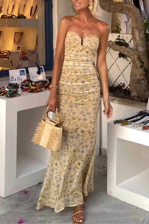 LB | Santorini Sunset Delikatna szyfonowa sukienka maxi bez ramiączek z kwiatowym nadrukiem