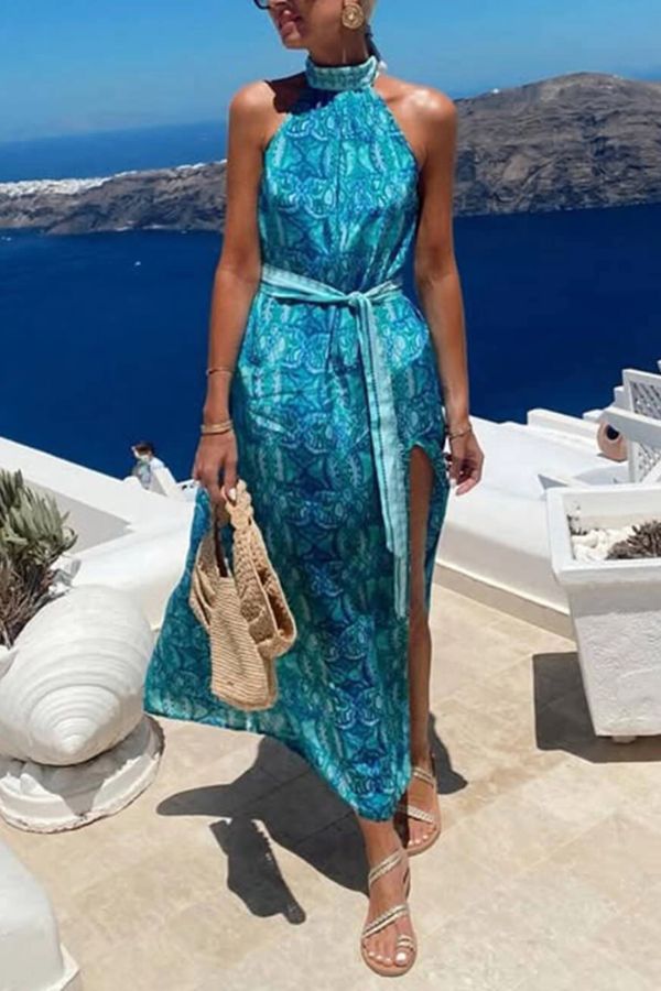 LB | Bohemian Unique Print Rozcięcie w pasie Sukienka Maxi z wysokim kołnierzem