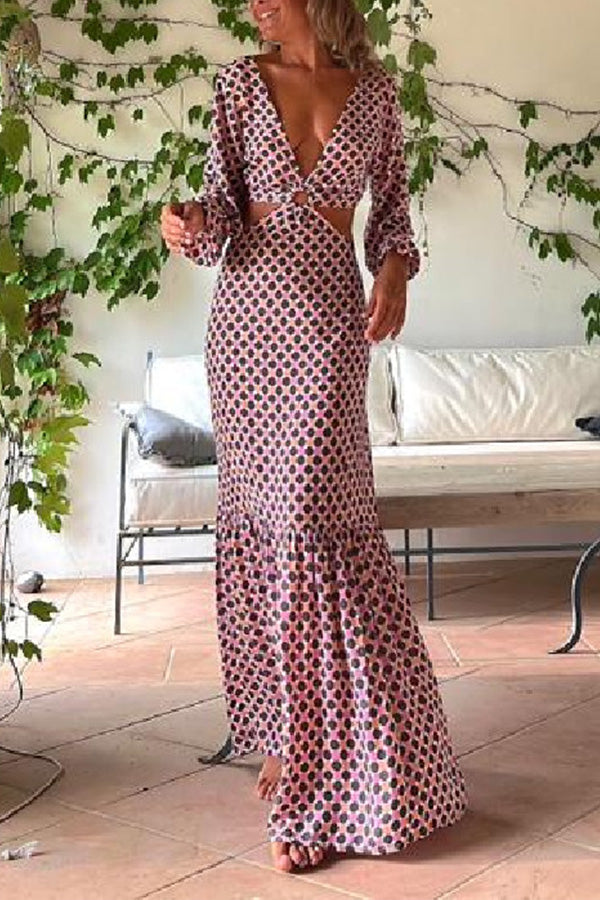LB | Serene Dreams Printed Side Neckline Elastyczna sukienka maxi w talii