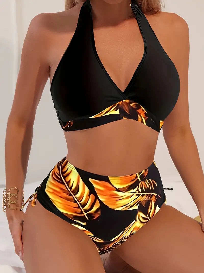 LB | Stylowe bikini halter z nadrukiem tropikalnych liści
