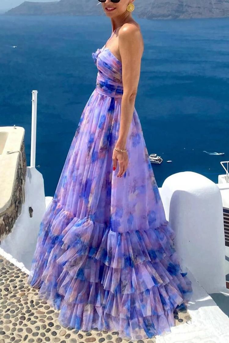 LB | Dreamy Clouds Tulle Printed Rose Detail Neckline Ruffle Striped Halter Maxi Dress