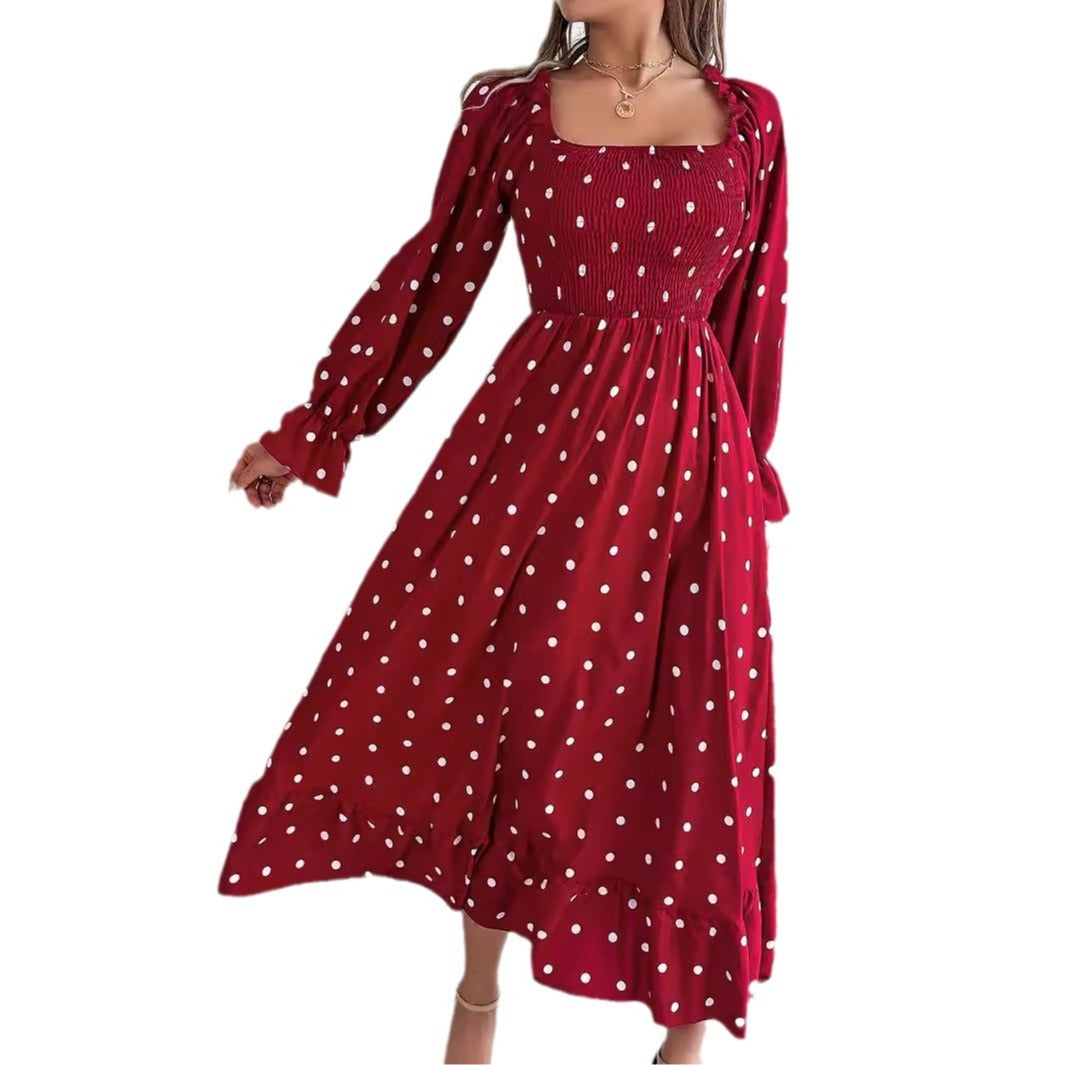 AS | Casual Square Collar Polka Dot Swing Dress s dřevěnýma ušima