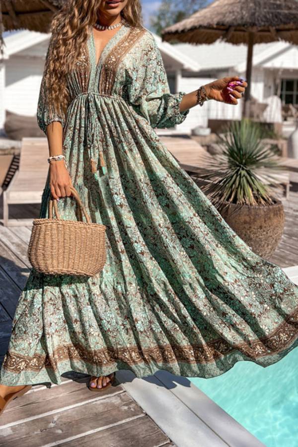 LB | Green Boho Floral Print Backless Maxi Dress z wysokim stanem i sznurkiem do ściągania