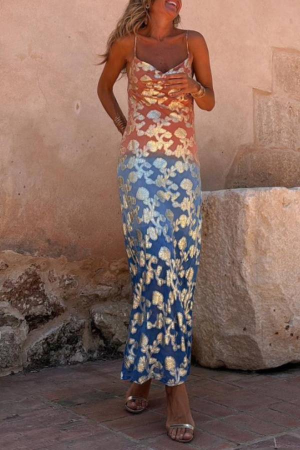 LB | Tie Dye Ombre Gold Floral Print Sexy Strappy Maxi Dress