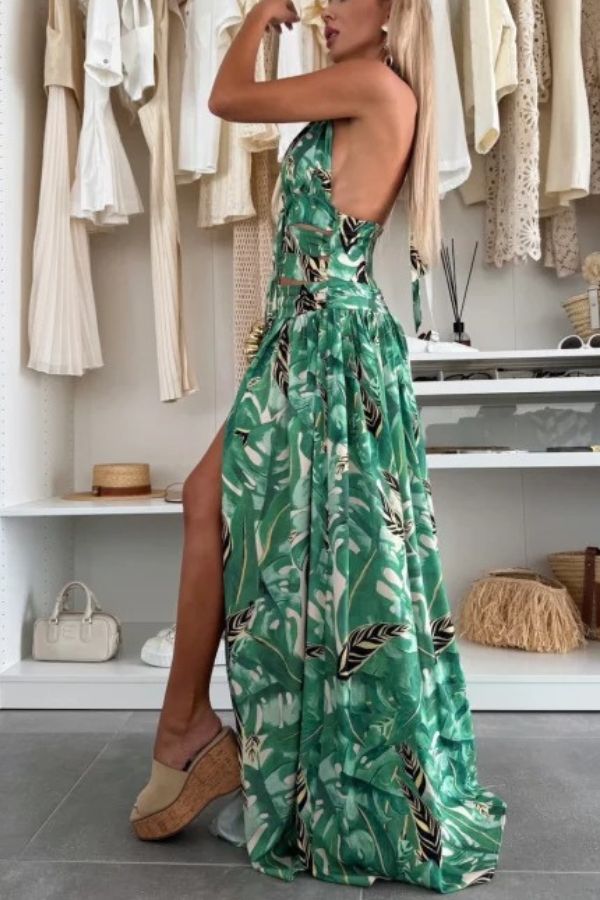 LB | Amazon Scenery Unique Print Tie-up Neckline Waist Ring Halter Slit Maxi Dress