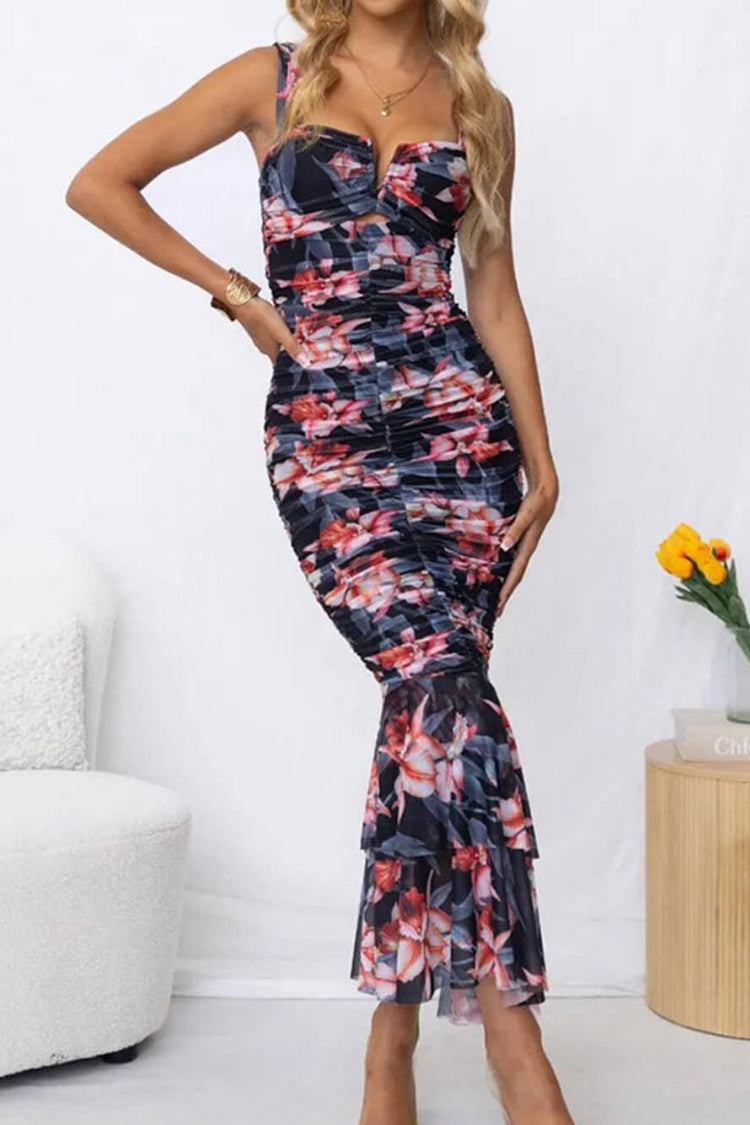 LB | Styled To Perfection Kwiatowa sukienka maxi z marszczoną siateczką i falbaną na dole