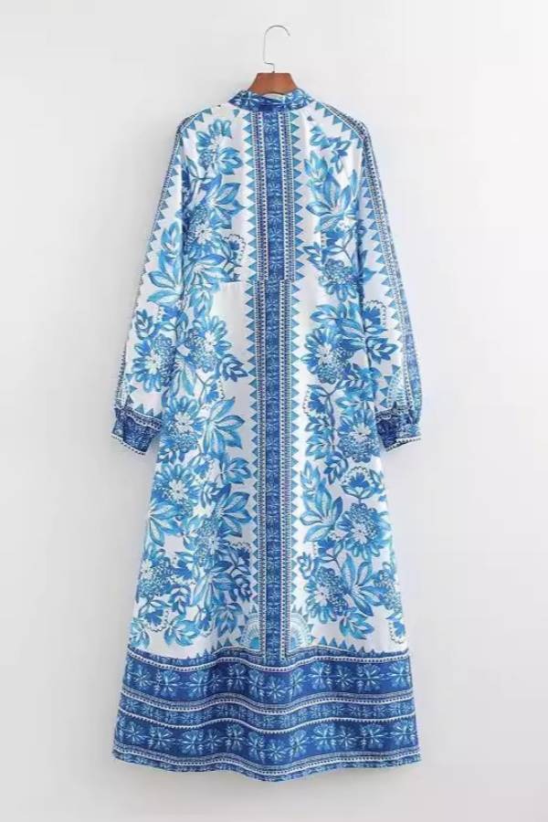 LB | Unique Print Button Down Long Sleeve Shirt Maxi Dress